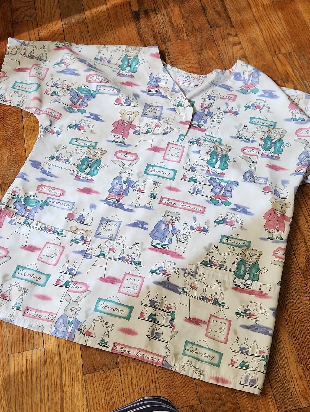 Vintage Cute Science-Themed Medical Scrub Top in Pastel Prints